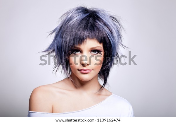 Beauty Girl Short Haircut Blue Hair Stock Photo Edit Now