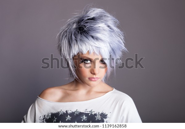 Beauty Girl Short Haircut Blue Hair Stock Photo Edit Now