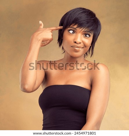 Beauty, hair and black woman with crazy hands in studio for mind blown, news or cosmetic sale on brown background. Cross, eyes and model with mad emoji for wig discount, promo or goofy announcement