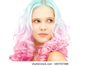 beauty   hairstyle concept    teen girl and trendy blue   pink gradient dyed hair
