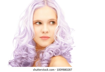 Beauty And Hairstyle Concept - Teen Girl With Trendy Lilac Dyed Hair