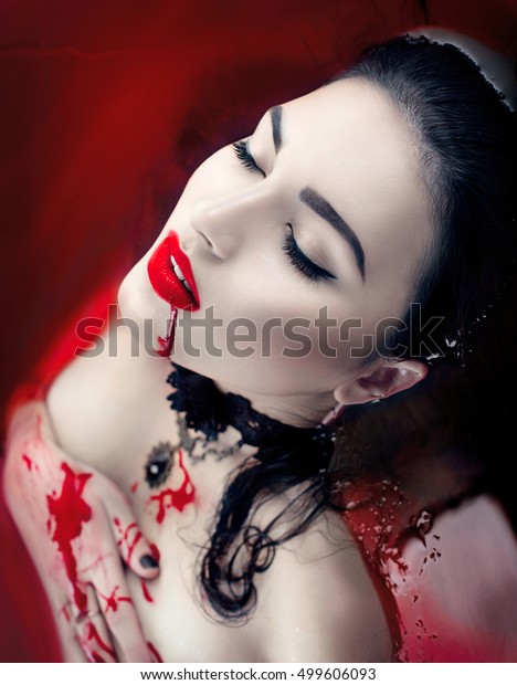 Beauty Halloween Sexy Vampire Woman Dripping Stock Photo (Edit Now