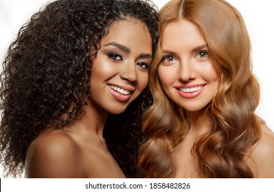 Beauty High Fashion Models. Beautiful Tanned Vogue Girls, Trendy Makeup. Different Ethnicity Women Faces On Withe Background. Gorgeous Multi-ethnic Fashionable Ladys. Caucasian And African On White
