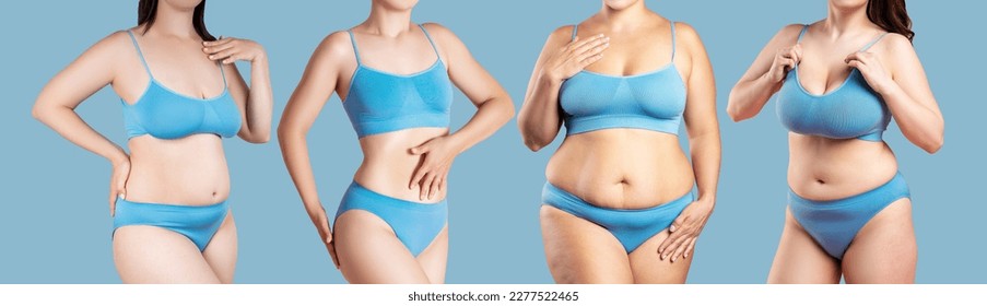 Beauty image of a group of women with different body shape, mixed female fat and thin models in lingerie on a blue background, body positive concept
