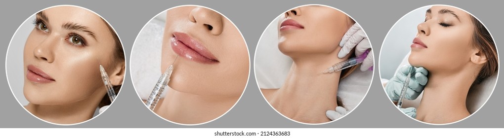 Beauty injections in cosmetology, collage. Beauty injections to female lips, neck, chin and around eyes area for beauty facial correction - Shutterstock ID 2124363683
