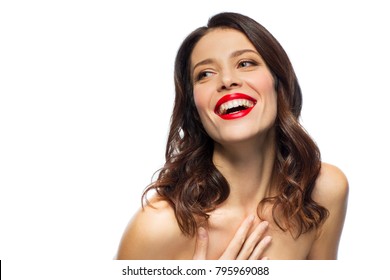 Beauty, Make Up And People Concept - Happy Laughing Young Woman With Red Lipstick Over White Background