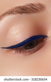 Beauty Make-up For Blue Eyes. Perfect Skin, Long Eyelashes. Classic Blue Arrows Makeup. Retro Make Up. Eyeliner Makeup