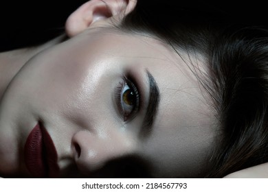 Beauty  make  up   fashion concept  Young   beautiful woman and long dark hair close  up portrait  Model and dark eyes   red lips looking to camera  Dark blue gradient color tint applied