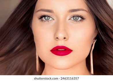 Beauty, makeup and hairstyle, face portrait of beautiful woman, red lipstick make-up and hair styling for skincare cosmetics, hair care, glamour style and fashion look idea - Powered by Shutterstock