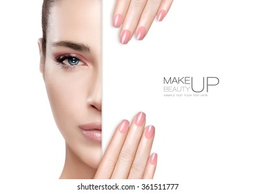 Beauty Makeup and Nai Art Concept. Beautiful fashion model woman with soft makeup, perfect skin and trendy pink nails, half face with a white card template. High fashion portrait isolated on white