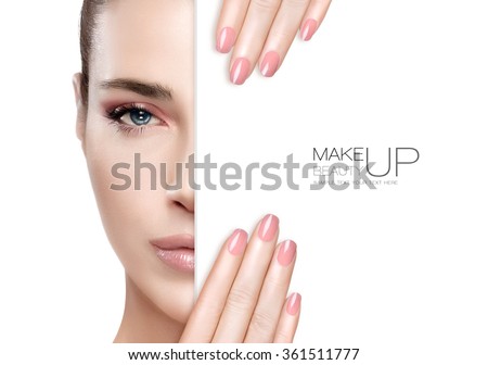 Beauty Makeup and Nai Art Concept. Beautiful fashion model woman with soft makeup, perfect skin and trendy pink nails, half face with a white card template. High fashion portrait isolated on white