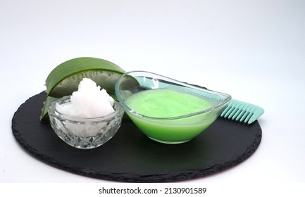 Beauty Mask With Coconut Oil And Aloe Vera Gel. Ready Mixture In A Bowl. The Concept Of Natural Skin And Hair Care