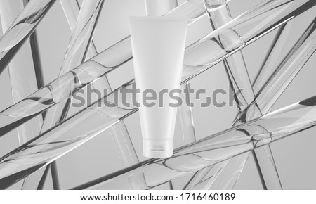 beauty medical skincare cosmetic lotion cream mockup bottle packaging product on background of glass pole in healthcare pharmaceutical, 3d illustration rendering