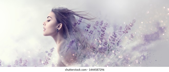 Beauty Model Girl with Lavender flowers double exposure art design. Beautiful young brunette woman with flying long hair profile portrait. Fantasy Watercolor. Nature cosmetics concept, make-up