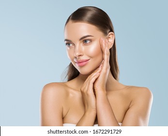 Beauty model healthy skin hand manicure nails touching clean skin woman cosmetic spa concept beautiful fresh clean female face - Shutterstock ID 1672291729