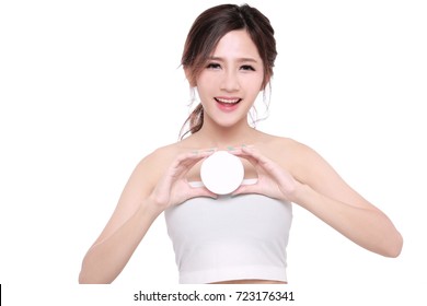 Beauty model holding product. Asian woman skin care image on white background. Health and beauty concept. Beauty Portrait. Spa. wellness.