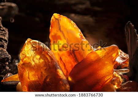 Beauty of natural amber. Several yellow natural amber stones in a cave.