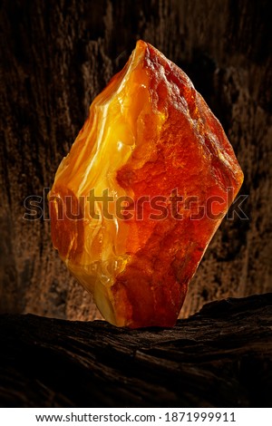 Beauty of natural raw amber. A piece of yellow opaque natural amber on large piece of dark stoned wood.