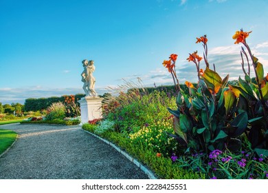 Beauty of nature of Herrenhausen gardens (baroque style) of Hannover   with statue and flowerbeds - idea of gardens by Princess Sophia of Hanover, and work began in 1666  - Shutterstock ID 2228425551