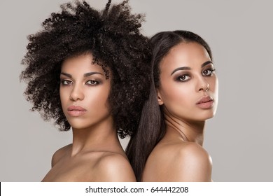 Beauty Photo Of Two Natural Young African American Girls. One Girl With Afro Hairstyle.