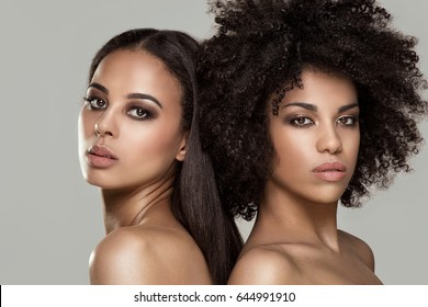 Beauty Photo Of Two Natural Young African American Girls. One Girl With Afro Hairstyle.