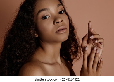 Beauty Photo Of Young Elegant African American Woman With Afro. Hands Posing. Gentle Portrait.  Fashion Beauty Close Up Portrait. Nude Make-up. Studio Photoshoot. Female Model. Beautiful Girl