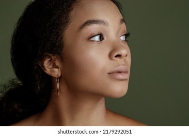 Beauty Photo Of Young Elegant African American Woman  Hands Posing. Gentle Portrait.  Fashion Beauty Close Up Portrait. Nude Make-up. Studio Photoshoot. Female Model. Beautiful Girl