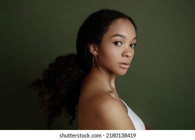 Beauty Photo Of Young Elegant African American Woman  Hands Posing. Gentle Portrait.  Fashion Beauty Close Up Portrait. Nude Make-up. Studio Photoshoot. Female Model. Beautiful Girl