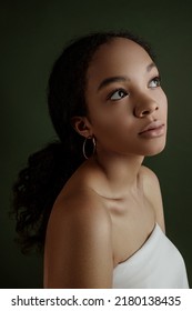 Beauty Photo Of Young Elegant African American Woman  Hands Posing. Gentle Portrait.  Fashion Beauty Close Up Portrait. Nude Make-up. Studio Photoshoot. Female Model. Beautiful Girl