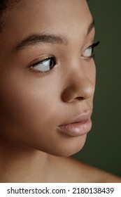 Beauty Photo Of Young Elegant African American Woman  Hands Posing. Gentle Portrait.  Fashion Beauty Close Up Portrait. Nude Make-up. Studio Photoshoot. Female Model. Beautiful Girl