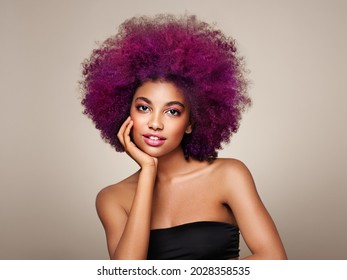 Beauty Portrait Of African American Girl With Colorful Dyed Afro Hair. Beautiful Black Woman. Cosmetics, Makeup And Fashion