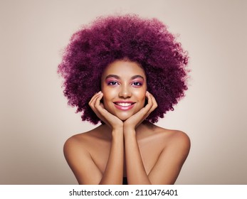 Beauty Portrait Of African American Girl With Colorful Dyed Afro Hair. Beautiful Black Woman. Cosmetics, Makeup And Fashion