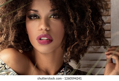 Beauty Portrait Of African American Woman With Afro Hairstyle And Glamour Makeup.