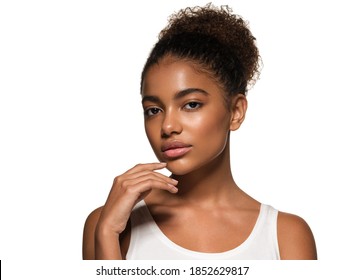 Beauty Portrait Of African American Woman Model With Clean Healthy Skin Smiling  Beautiful Black Girl.Curly Hair Afro Style