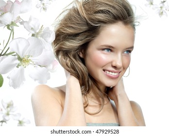 Beauty Portrait Of Attractive Young Caucasian  Smiling Woman Isolated On White Background, Studio Shot. Happy, Toothy Smile, Face, Skin, Hear, Head And Shoulders, Flowers