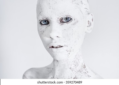 Beauty Portrait With Creative Make-up, Painted White Textured Face 