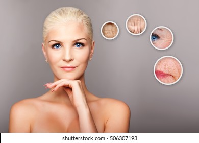 Beauty portrait face of happy smiling beautiful blond woman with blue eyes and smooth skin thinking of aging, aesthetics cosmetics skincare concept.