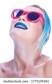 Beauty Portrait Of Fancy Caucasian Female With Silky Skin And Teeth Brackets Wearing Red Sunglases. Good For Dental Healthcare Products. Vertical Image Orientation