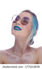 Beauty Portrait Of Fancy Caucasian Female With Silky Skin And Teeth Brackets Wearing  Sunglases. Good For Dental Healthcare Products. Horizontal Image Orientation