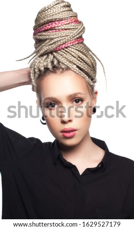 beauty portrait of fashion blonde woman with braids hairstyle, dreadlocks
