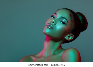 Beauty Portrait Fashion Girl With Color Lighting Filters. Beauty Girl Face Close Up. Closeup Sexy Woman With Copy Space. Neon Light Blue And Pink Color. - Image             