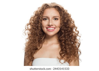 Beauty portrait of fashion model with frizzy hair, natural makeup and healthy clean skin posing on white background. Skincare, haircare and cosmetology concept - Powered by Shutterstock