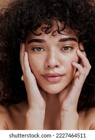 Beauty, portrait and natural face of black woman with healthy freckle skin texture touch. Aesthetic, facial and skincare cosmetic model girl touching cheeks for self love and wellness. - Shutterstock ID 2227464511