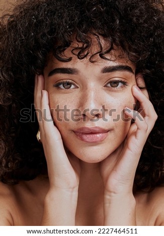Beauty, portrait and natural face of black woman with healthy freckle skin texture touch. Aesthetic, facial and skincare cosmetic model girl touching cheeks for self love and wellness. Stockfoto © 