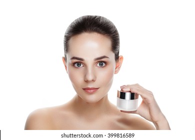 Beauty Portrait Of Pretty Girl With Natural Makeup Hold Face Cream. Commercial Photo For Promotion Cosmetic. Youth And Skin Care Concept. Anti-age, Day, Night Cream For Young Skin