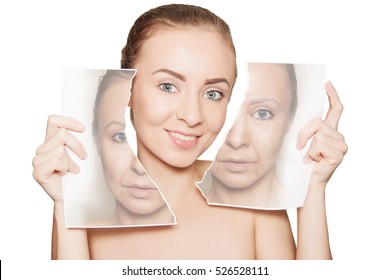 beauty portrait of woman breaking her old face photo