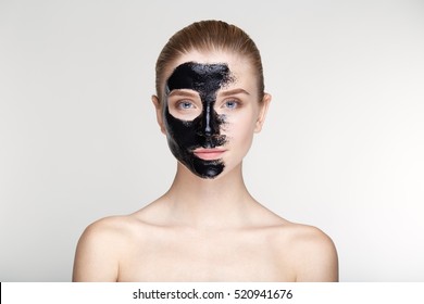 Beauty Portrait Woman Skin Care Health Black Mask White Background Close Up