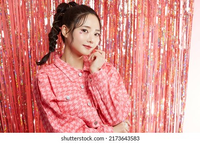 Beauty Portrait Of A Young Asian Woman With Sticker Makeup On Glittery Background