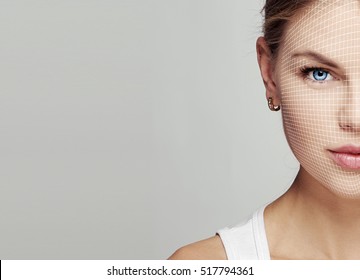 Beauty Portrait Of Young Female Face With Net. Anti Aging, Skincare, Reflexology Concept. 