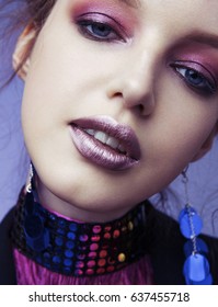 Beauty Portrait Of Young Girl With Violet Makeup Metallic Lips Pink Smokey 